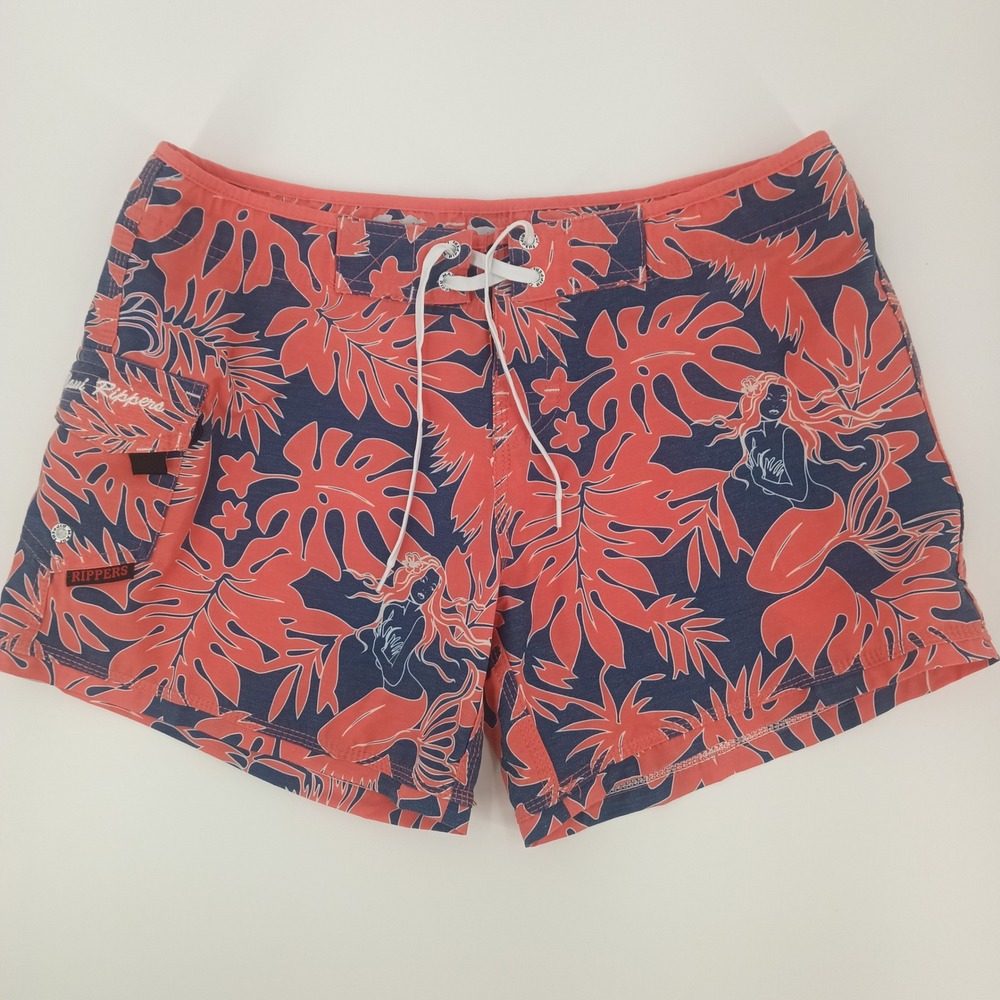 Maui Rippers Womens Board Shorts Size 12 Coral Navy Tropical Mermaid Surf Swim